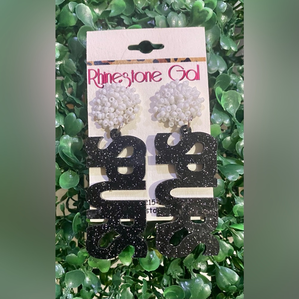 BRAND NEW WITH TAGS Black and White Glitter Spurs Acrylic Earrings